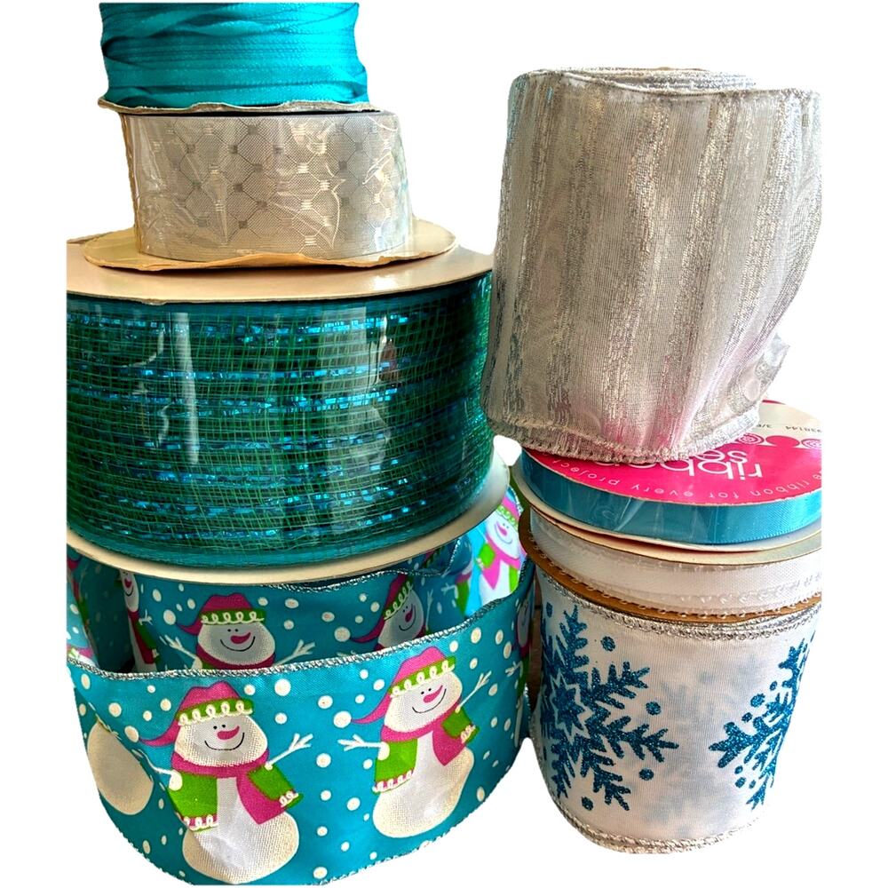 Lot of 8 Blue & Silver Decorative Holiday Ribbons Snowman Glitter Foil Wired VTG
